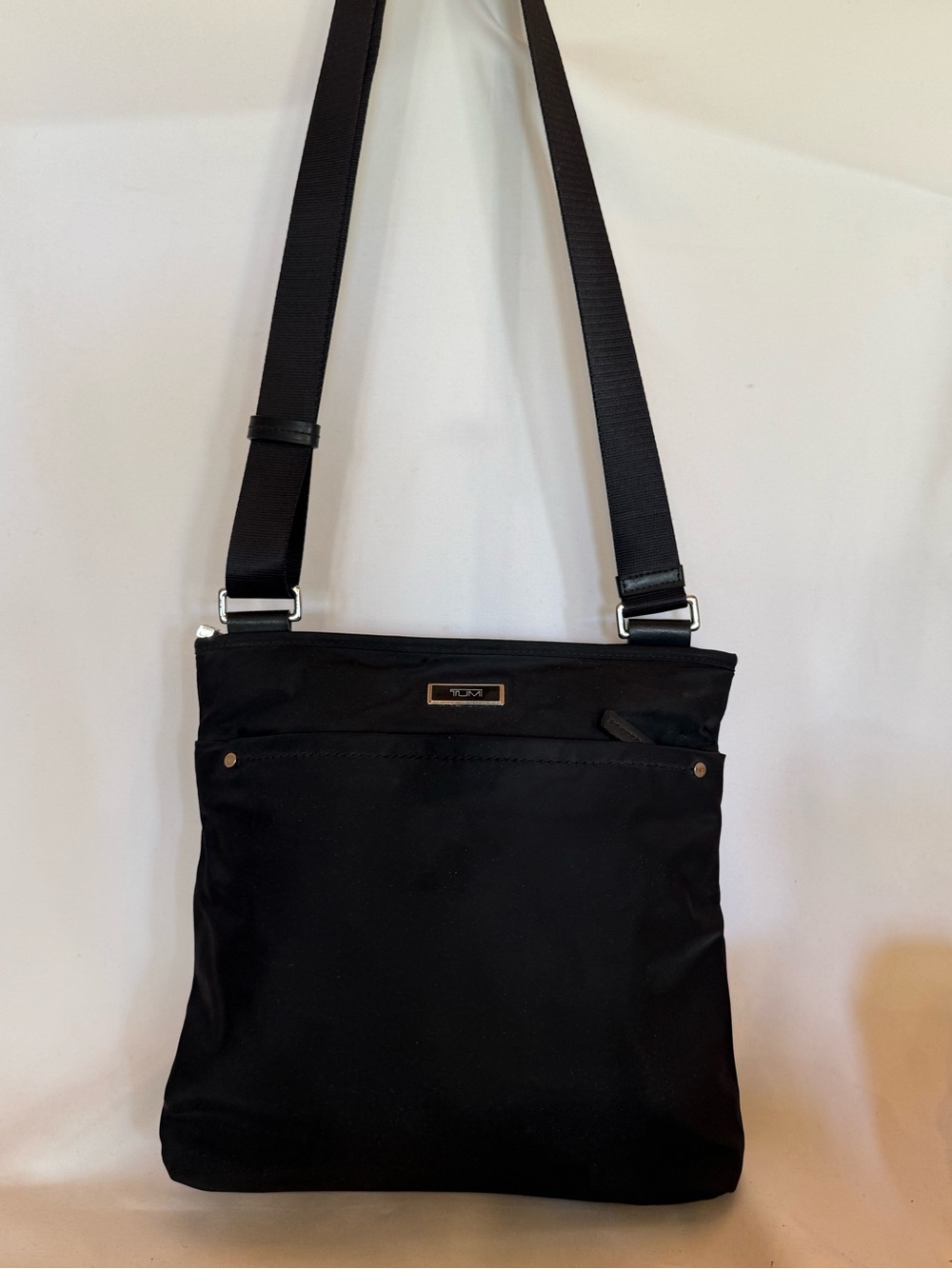 Tumi Black Nylon Messenger Crossbody with Silver Accents